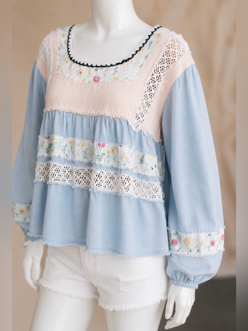 POL Boho Floral Lace Colorblock Babydoll Top- NWOT - Picture 3 of 3